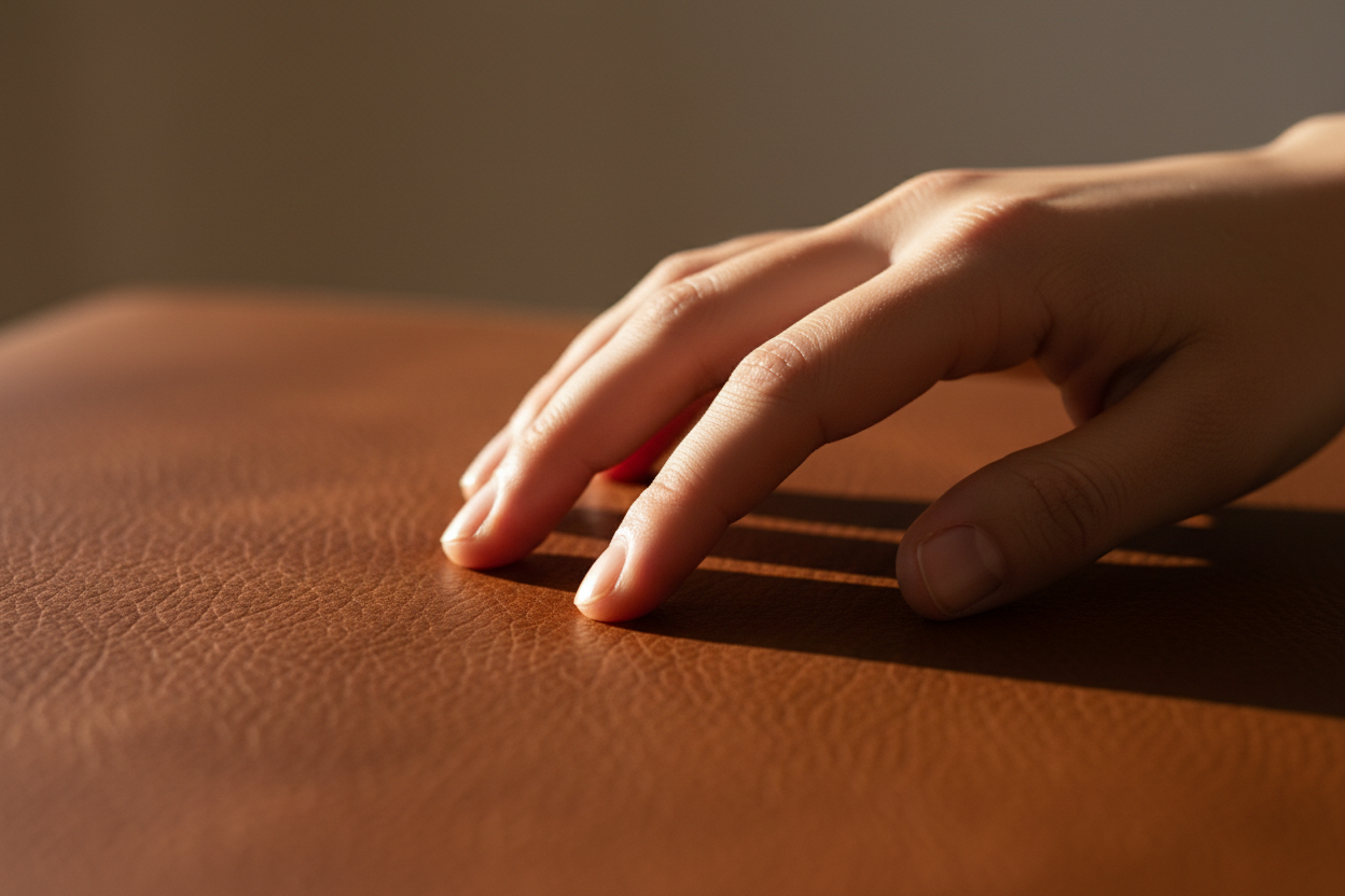 hand fährt über leder oberfläche